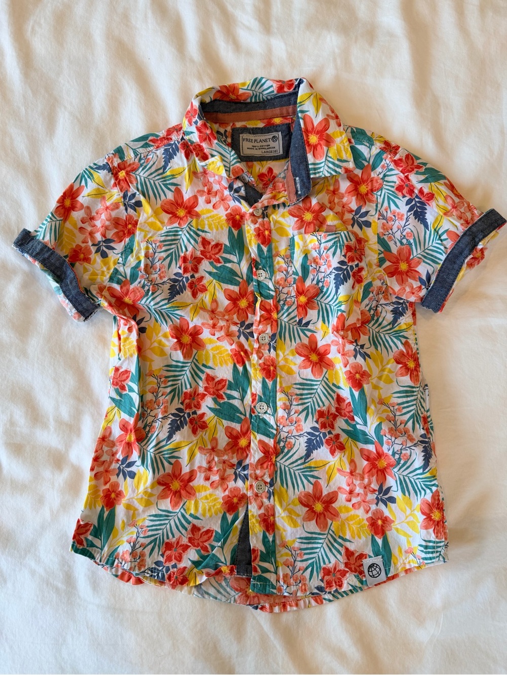 Free Planet Boys' Floral Button-Up Shirt - Red & Yellow Flowers Boys Large 6
